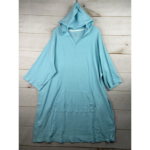 Catherines Sleepwear Nightgown 3X 26/28W Blue Hooded Waffle Knit Thermal 3/4 Slv - Picture 1 of 9